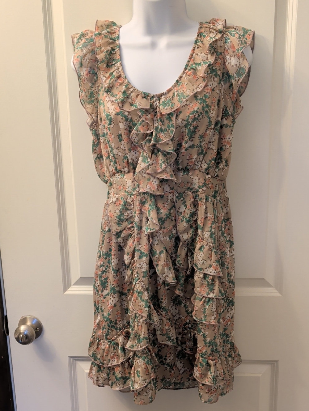 MM Couture Beige Floral Ruffle Mini Dress with Green Accents
